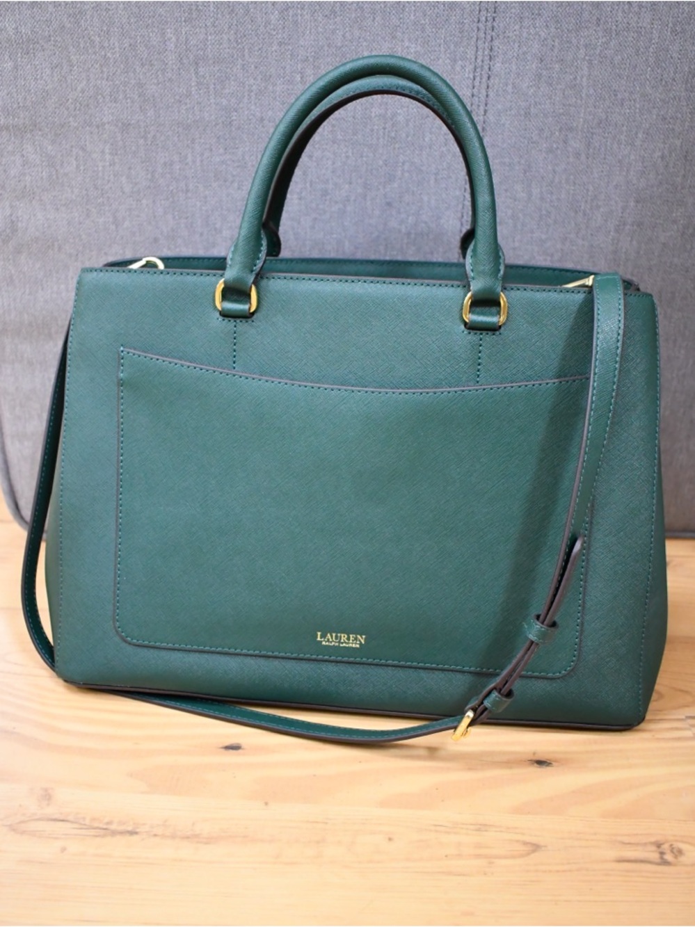 Ralph Lauren Dark Green Saffiano Leather Top Handle Tote - Picture 2 of 8